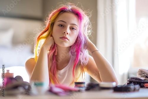 Teen girl with colorful dyed hair expressing her identity in a candid modern portrait.