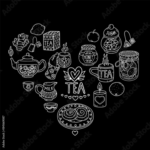 Set of monochrome black silhouette hygge items heart shaped composition with Tea hand lettering