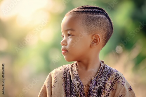Young boy proudly expressing cultural identity through a traditional hairstyle in warm natural light.