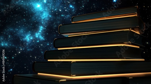 Stack of books illuminated against night sky cosmic knowledge education concept