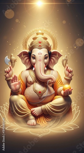 Ganesha Idol Portrait. Golden Halo Glow Spiritual 4K Wallpaper.