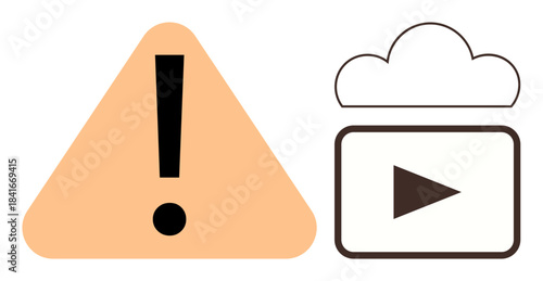 Caution sign next to multimedia play icon on cloud element. Ideal for data safety, online media, error message, warnings, cloud storage, video streaming, simple flat metaphor