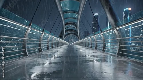 Futuristic Elevated Walkway During Rainfall at Night, With City Lights and Reflections