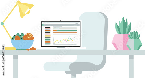 Clean flat illustration of a modern office desk with a computer showing data, a lamp, fruit, and plants, representing a productive and healthy work environment