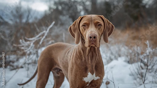 Brown short-haired dog standing in snowy field looking at camera