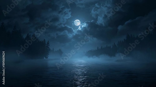 Moonlit forest lake at night with misty reflections and drifting fog