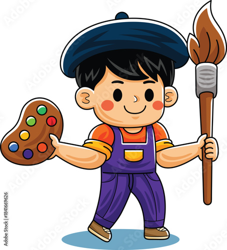 Cartoon Artist Worker with Paint Brush