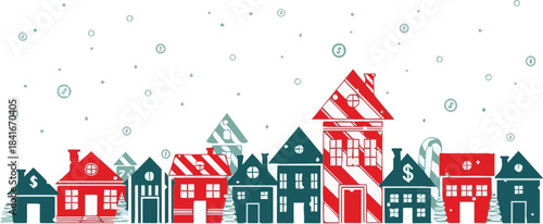 Festive Candy Cane Houses and Snowflakes Decorating a Winter Wonderland Street Scene