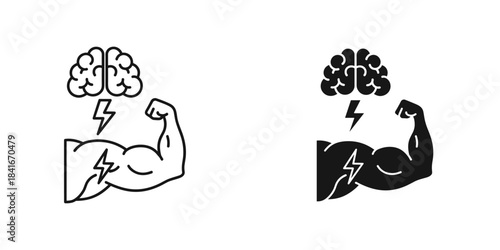 Brain power and muscle strength icon set outline and solid style for mental and physical energy concept