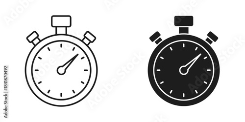Stopwatch icon set, outline and solid silhouette, measuring time, speed, and performance isolated on
