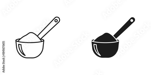 Scoop with powder, line and solid icons set measuring spoon with supplement, flour, sugar, or protein powder isolated on