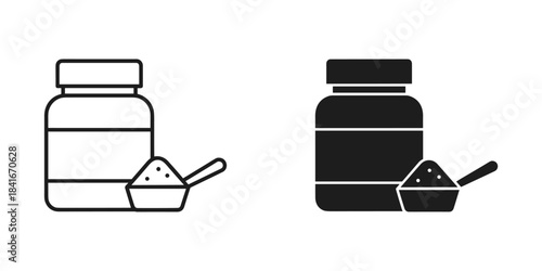 Protein powder supplement container and scoop icon set, black and white line and solid vector illustration