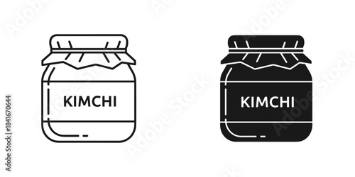 Kimchi in a jar icon set, black and white line and solid silhouette style, korean fermented food illustration