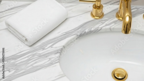 Clean Bathroom Luxury: Close-up of a luxurious bathroom vanity, featuring a folded towel, a gleaming faucet, and a pristine sink, all set against a backdrop of elegant marble.