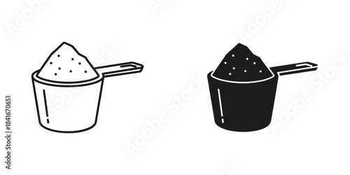 Set of two icons representing a scoop of powder, one outline and one solid fill, isolated on