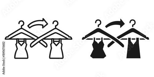Clothing swap icon with two hangers and tops, showing exchange or rotation of garments, line and solid style