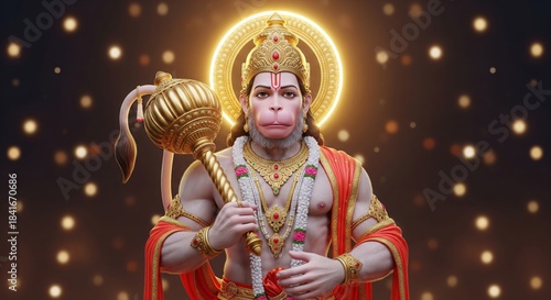 Royal Hanuman Idol. Glowing Aura Ornamental 4K Wallpaper.