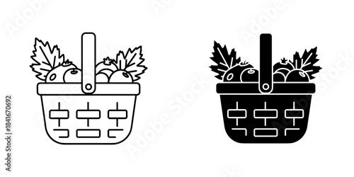 Harvest basket with fruits and leaves icon set outline and solid style