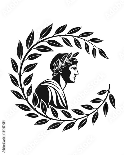 A black and white illustration of a Roman figure in profile, adorned with a laurel wreath, encircled by a laurel branch motif