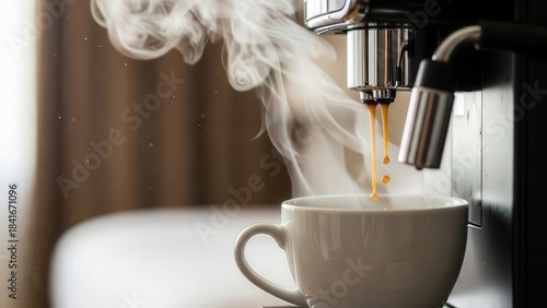 Hot Coffee Cup with Steam from Coffee Machine