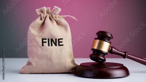 Judge's gavel and money bag labeled fine symbolizing court fines and legal penalty