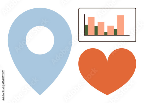 Location marker, orange heart, and bar chart with data trends. Ideal for navigation, data analysis, customer insight, market research, emotional engagement, analytics and demographic studies