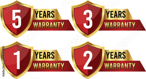 Warranty Shield Badges Set – 1 Year, 2 Years, 3 Years, 5 Years Guarantee Labels – Vector Illustration