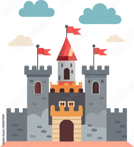 Medieval Castle Fortress with Stone Towers and Battlements
