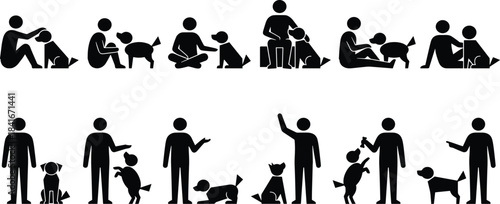 Dog training, human interaction, black silhouettes, pet care, companionship, obedience, playful moments, vector illustration, animal behavior, bonding, lifestyleDog training, human interaction
