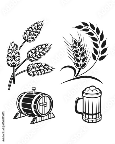 A hand-drawn sketch features wheat stalks, a wooden barrel, and a frothy mug of beer, evoking a rustic brewery aesthetic