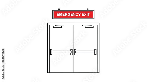 A simple illustration of a white emergency exit door with a red sign above it