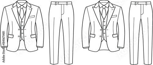 Men's formal suits, fashion illustration, black and white sketch, blazer, vest, trousers, tailoring design, elegant wear, vector styleMen's formal suits, fashion illustration, black and white sketch