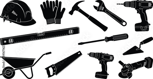 Construction tools, handyman gear, black silhouettes, carpentry equipment, repair essentials, DIY instruments, industrial icons, maintenance kit, vector illustration, toolkitConstruction tools