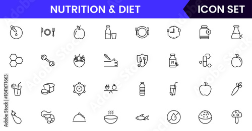Nutrition and Diet, Healthy Food, and Detox Diet Vector Icons. Contains such Icons as Metabolism, Caunt Calories, Palm oil free, Zero trans fat, Probiotics, and more. Simple Outline icons collection.