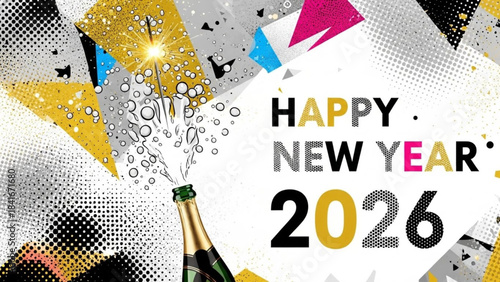 Happy New Year 2026 – Modern Halftone Collage with Champagne and Sparkler