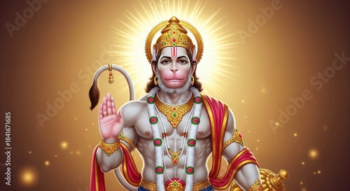 Hanuman Idol Portrait. Golden Aura Glow Spiritual 4K Wallpaper.