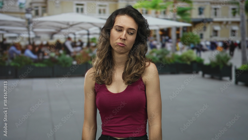 Φωτογραφία Woman in maroon tank top alone frowns with closed eyes on street café terrace under midday sunlight; sadness