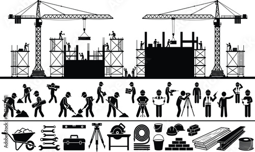 Construction site, tower cranes, workers, scaffolding, building tools, safety gear, silhouettes, industrial equipment, vector illustration, construction activity, teamwork, laborConstruction site