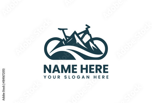 Dark blue vector illustration logo featuring a bicycle and mountain range with a wavy line, set against a clean white background for a modern graphic design.