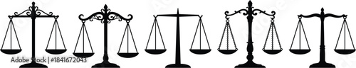 Justice scales, legal symbols, black silhouettes, law balance, courtroom icons, fairness, equality, vector illustration, judgment, rights, legal concept, impartialityJustice scales, legal symbols