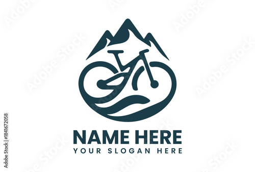 Vector logo illustration featuring a bicycle in front of mountains with a customizable name and slogan on a white background.