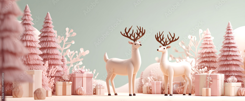 Fototapeta premium Fondo ilustrado que representa un ambiente navideño con una estética limpia, colores pastel y una armoniosa composición invernal. Dos renos blancos rodeados de árboles nevados, regalos pastel y copos 