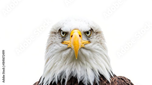 Close-up bald eagle facing camera with intense stare on white background