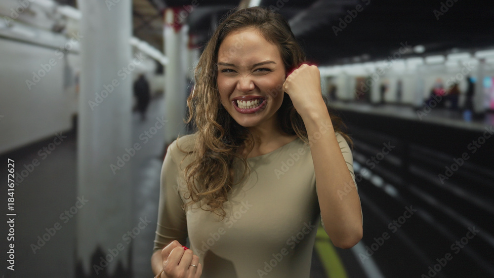 Fototapeta premium Woman smiling at a train station with a playful demeanor, embodying a lively urban setting ideal for portraying modern hispanic lifestyle in public transport environments.
