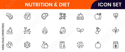 Nutrition and Diet, Healthy Food, and Detox Diet Vector Icons. Contains such Icons as Metabolism, Caunt Calories, Palm oil free, Zero trans fat, Probiotics, and more. Simple Outline icons collection.