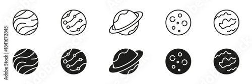 Planet Surface and Crater Line and Solid Icon Set. Astronomy World Sphere Texture Cosmic Object and Exploration Symbol Collection. Editable Stroke. Isolated Vector Illustration
