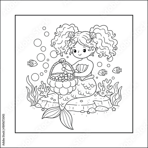 mermaid coloring page line art vector
