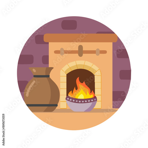 Rustic Northern New Mexico Hearth with Micaceous Clay Pot - Panoramic Firelight Glow