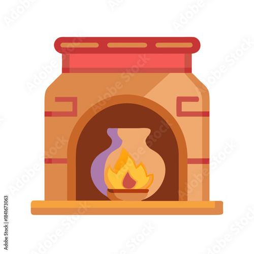 Rustic Northern New Mexico Hearth with Micaceous Clay Pot - Panoramic Firelight Glow