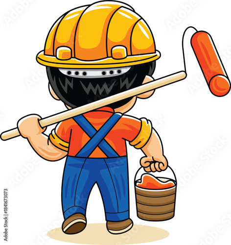 Construction Boy Worker with Paint Roller 